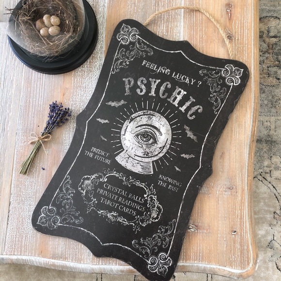 Black decorative Halloween home decor hanging sign with gothic Psychic print - Picture 1 of 4